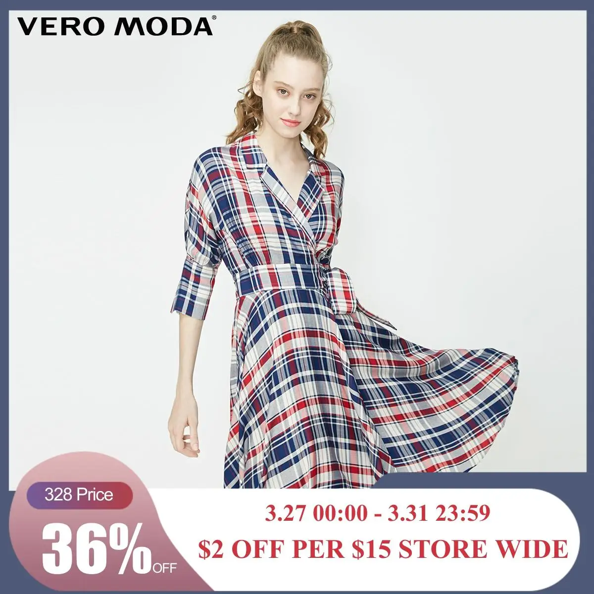 

Vero Moda Women's Plaid Waist Belt Turn-down Collar Dress | 31926Z513