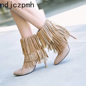 

Women's Boots The New Fashion Winter Tassel Pointed Zipper Fine Heel High Heel Short Tube Women's Shoes 34-39 Heel Height 9cm