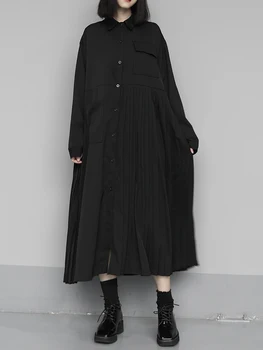 

SuperAen Street Style Black Dresses Single-Breasted Turn Down Collar Patchwork Pleat and Waisted Thin Shirt Women Dress