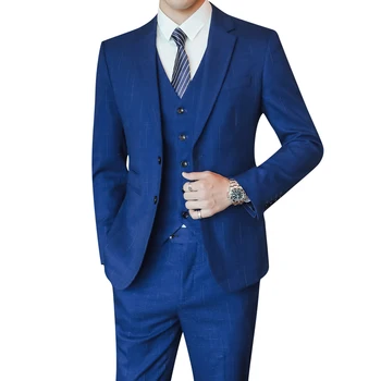 

Autumn new blue men's suit 3 piece set size S-5XL, fashion business wedding men striped Blazer coat pants vest