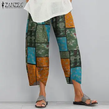 

2020 ZANZEA Elegant Women's Printed Trousers Autumn Harem Pants Casual Elastic Waist Long Pantalon Female Asymmetrical Turnip