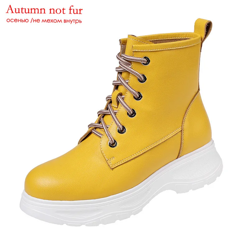 MORAZORA/Новинка года; ботильоны для женщин из натуральной кожи на шнуровке; сезон осень-зима; повседневная женская обувь на плоской платформе - Цвет: yellow  not fur