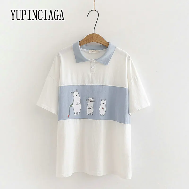 

YUPINCIAGA Women Korean Loose Sweet Stitching Printed Bear Lapel Short Sleeve Contrast Color T-shirt Casual Cotton Tops