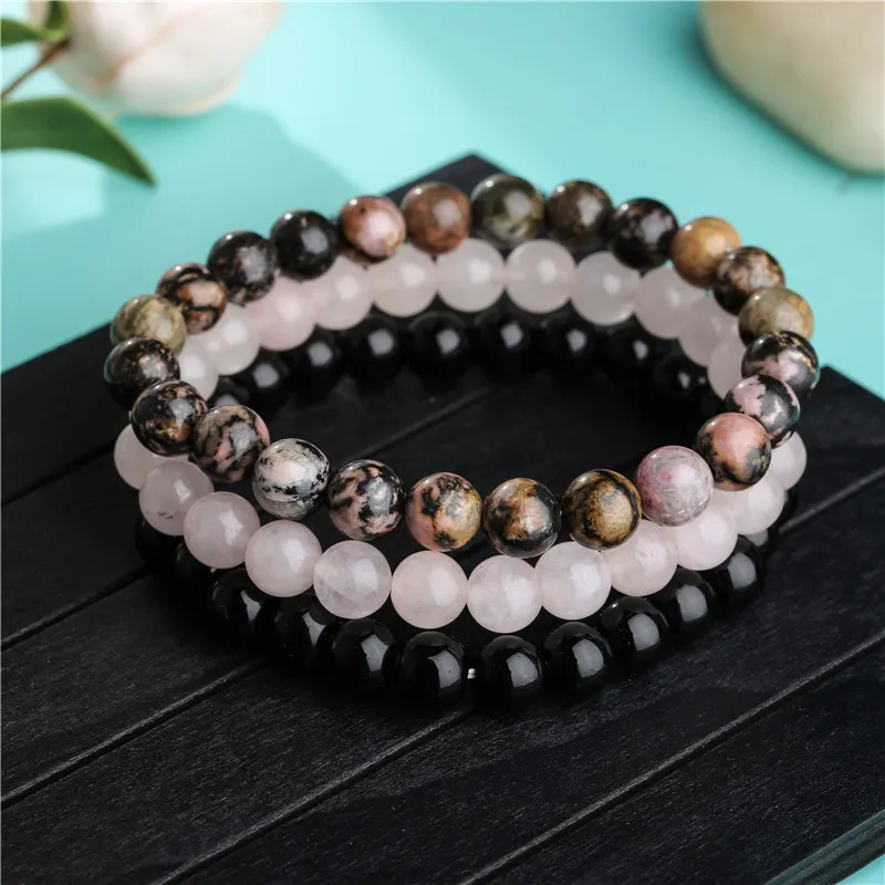 Набор браслетов с роудонитом 8 мм браслет из розового кварца черным ониксом