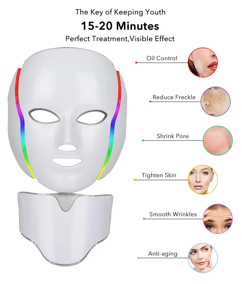 Baratos 7 LED con fotones de colores mascarilla Facial para terapia de luz con máscara para el cuello eliminación de acné antiarrugas cuidado Facial de la piel tratamiento de belleza salón de belleza hogar