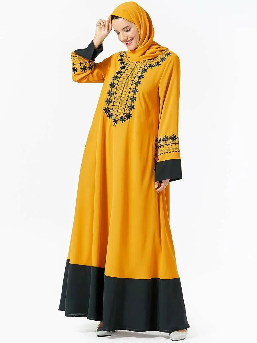 Дубай желтый вышивка с длинным рукавом арабское платье исламское абайя мусульманское женское свободное кафтан джилбаб халат турецкий Катарское платье Мода