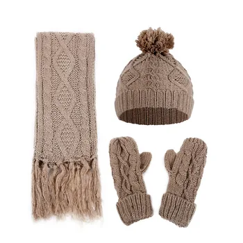 

Warm Hat Set Artificial Woolen Winter Scarf AND Gloves Knitted Windproof Casual