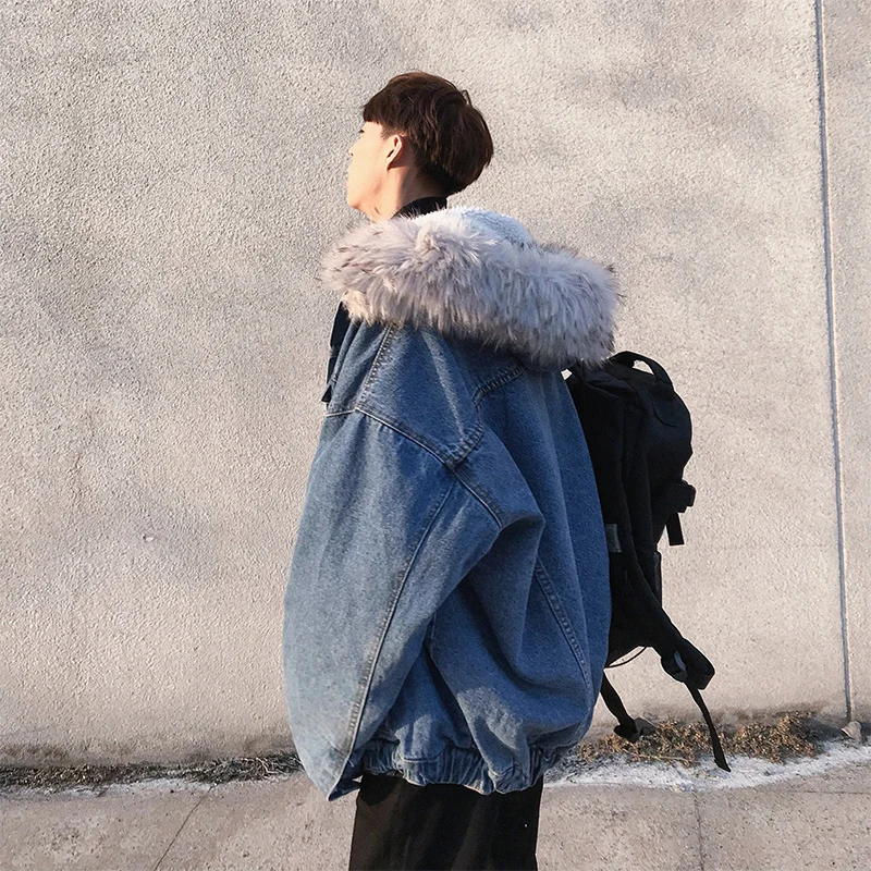 

Winter Men's Hat Heavy Fur Cowboy Cotton-padded Clothes Trench Thickening Lamb Loose Coat Parkas Casual Snow Denim Jacket M-2XL