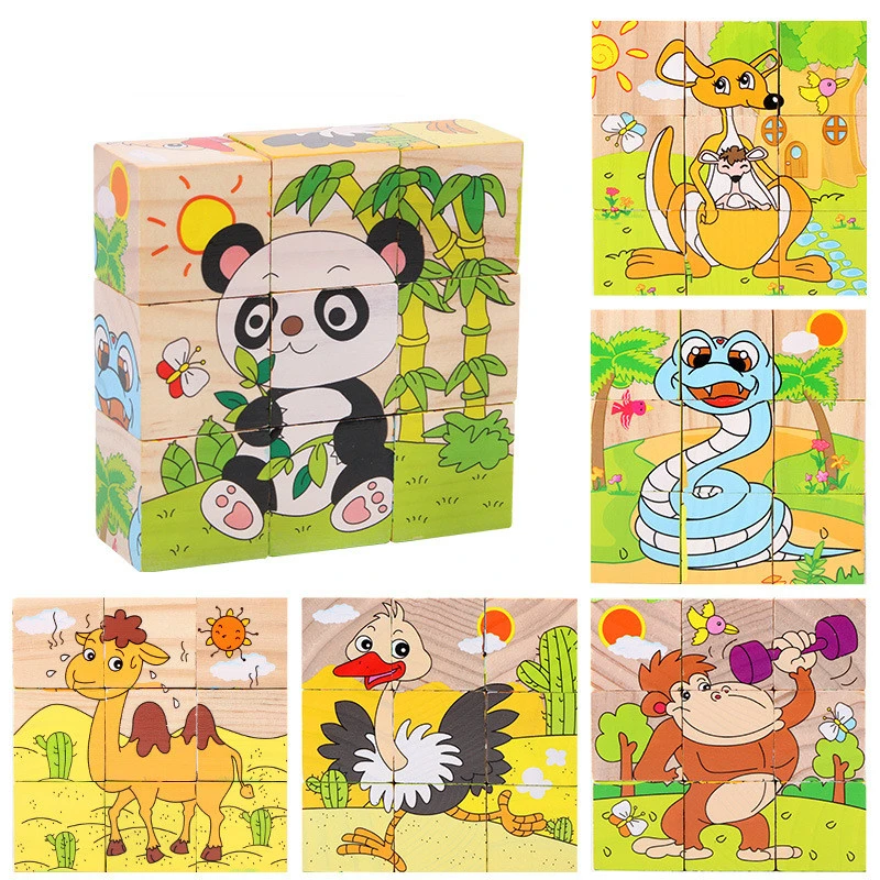 Baby Wooden Block Toys Animal Fruit Traffic Cognize Early Learning Educational Toys For Children Six Side 3D Cube Jigsaw Games 2