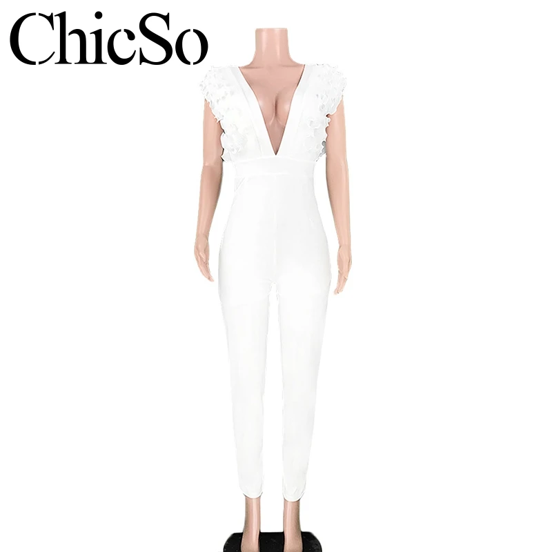 Missychilli knitted v neck long pencil pants jumpsuit women elegant bodycon ruffle white romper winter sexy club long playsuit - Цвет: Белый
