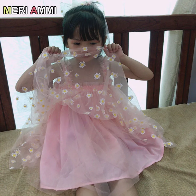 For 1-13 Y Daisy Flower Girls Birthday Dress Kid Children Clothing Sleeveless Floral Party Christmas Knee Length Mesh girls dress,kids clothes