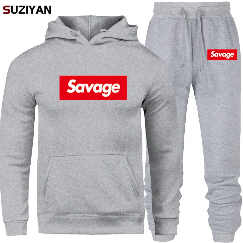 

Fleece Hoodies Sportwear Print Savage Sets New 2019 Men Tracksuits Outwear Male Sweatshirts Pullover Men Set Clothing+Pants