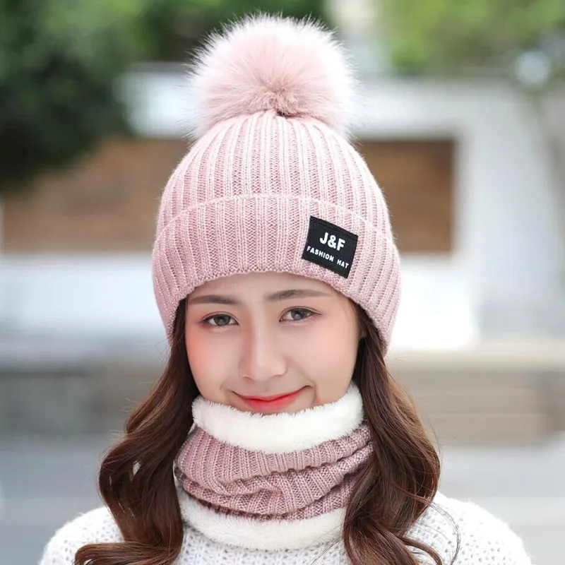Knitted Winter Hat Scarf Set for Women Pom Pom Beanies set of hat and scarf for women Thick Warm Soft winter accessories