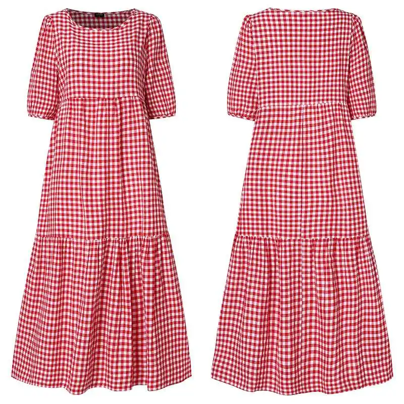 Summer Dress VONDA 2021 Women Casual Short Sleeve Plaid Printed Sundress Loose Pleated Mid-Calf Dresses Femme Party Robe