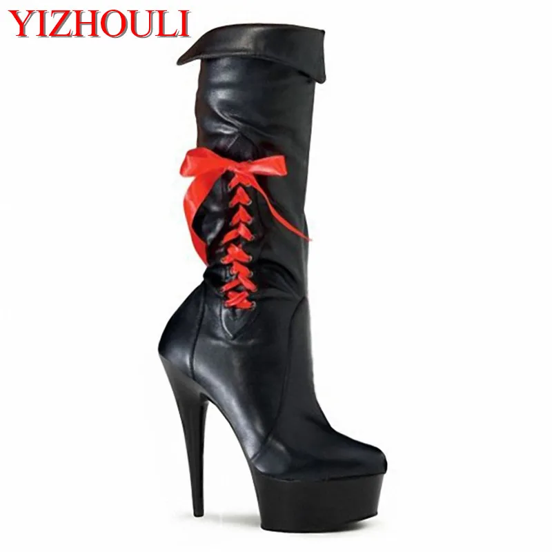 

Sexy model pole dancing glamour 15 cm high heel boots/delicate bow 6 inch fashionable women high boot