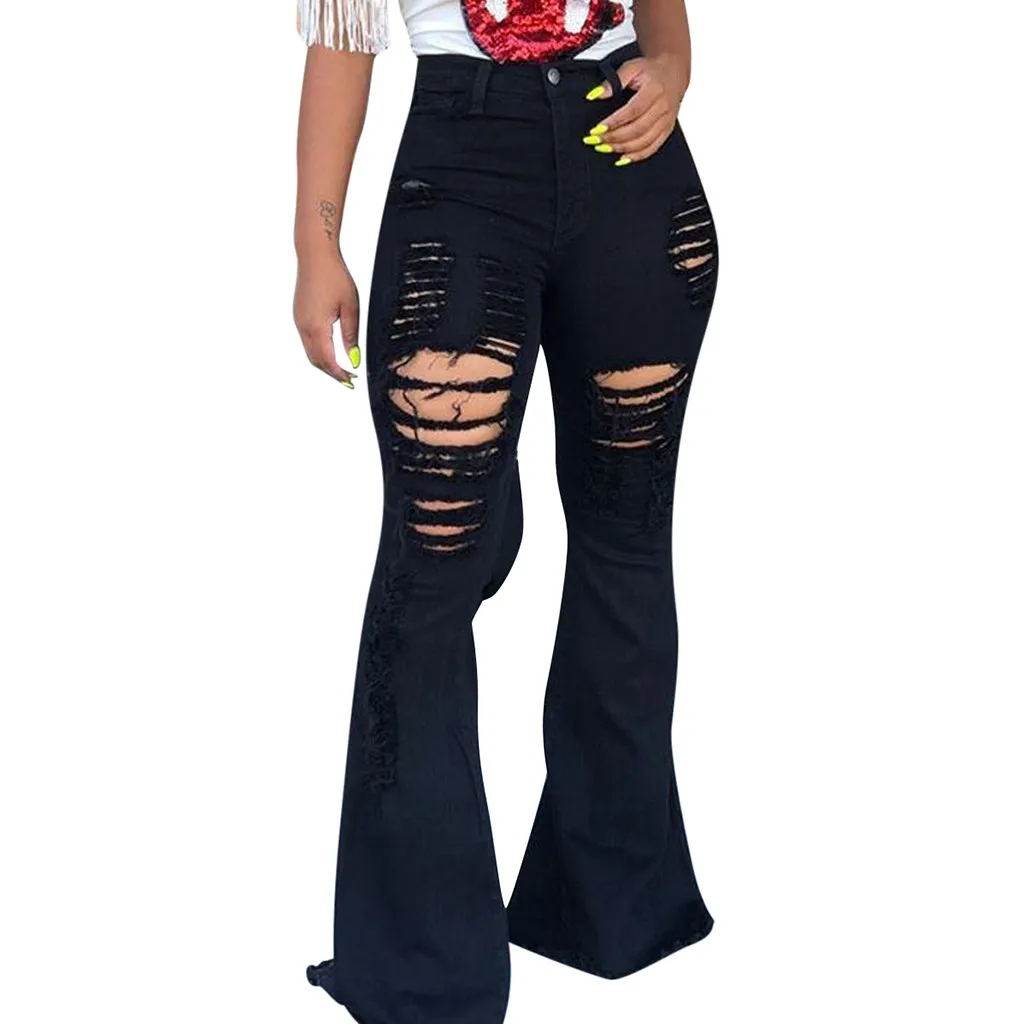 Womail Высокая талия расклешенные джинсы черные женские рваные джинсы с колокольчиком для женщин джинсовые обтягивающие джинсы мама широкие брюки женские
