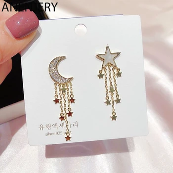 

ANENJERY 925 Sterling Silver Prevent Allergy Earrings Shiny Asymmetric Zircon Moon Star Tassel Shell Pentagram Star Earrings