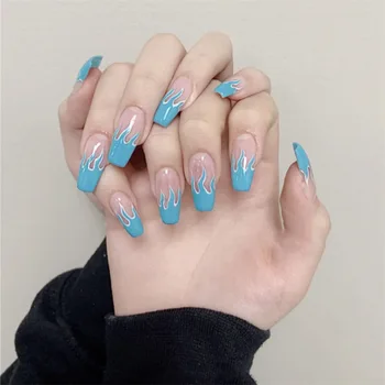 

New European Square Flame Fake Nails Design Blue Purple Fire Pattern Full Cover False Nails Artificial Nail Decal Art Tips