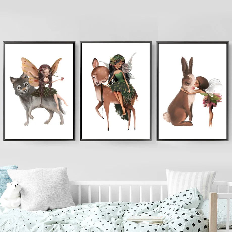 Girl-Wolf-Deer-Rabbit-Butterfly-Flower-Wall-Art-Canvas-Painting-Nordic-Posters-And-Prints-Wall-Pictures(1)