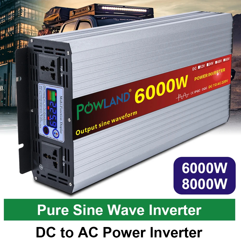 24V a 110V DC a AC H-BEI Inversor de Onda sinusoidal Pura 6000W 7000W convertidor de automóvil con Dos Ventiladores de refrigeración y Pantalla Inteligente a 8000W Inversor de Corriente 12V 