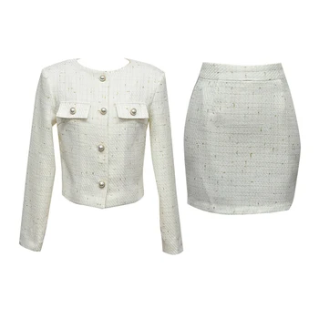 

New arrival temperament 2 pieces set white sweet short jacket and slim mini pencil skirt fashion office high quality women set