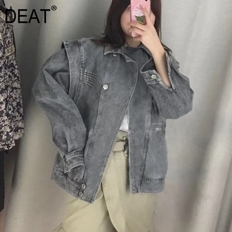 

DEAT 2020 new spring and summer run way styles turn-down collar spliced single breasted washed denim jacket WL22302L