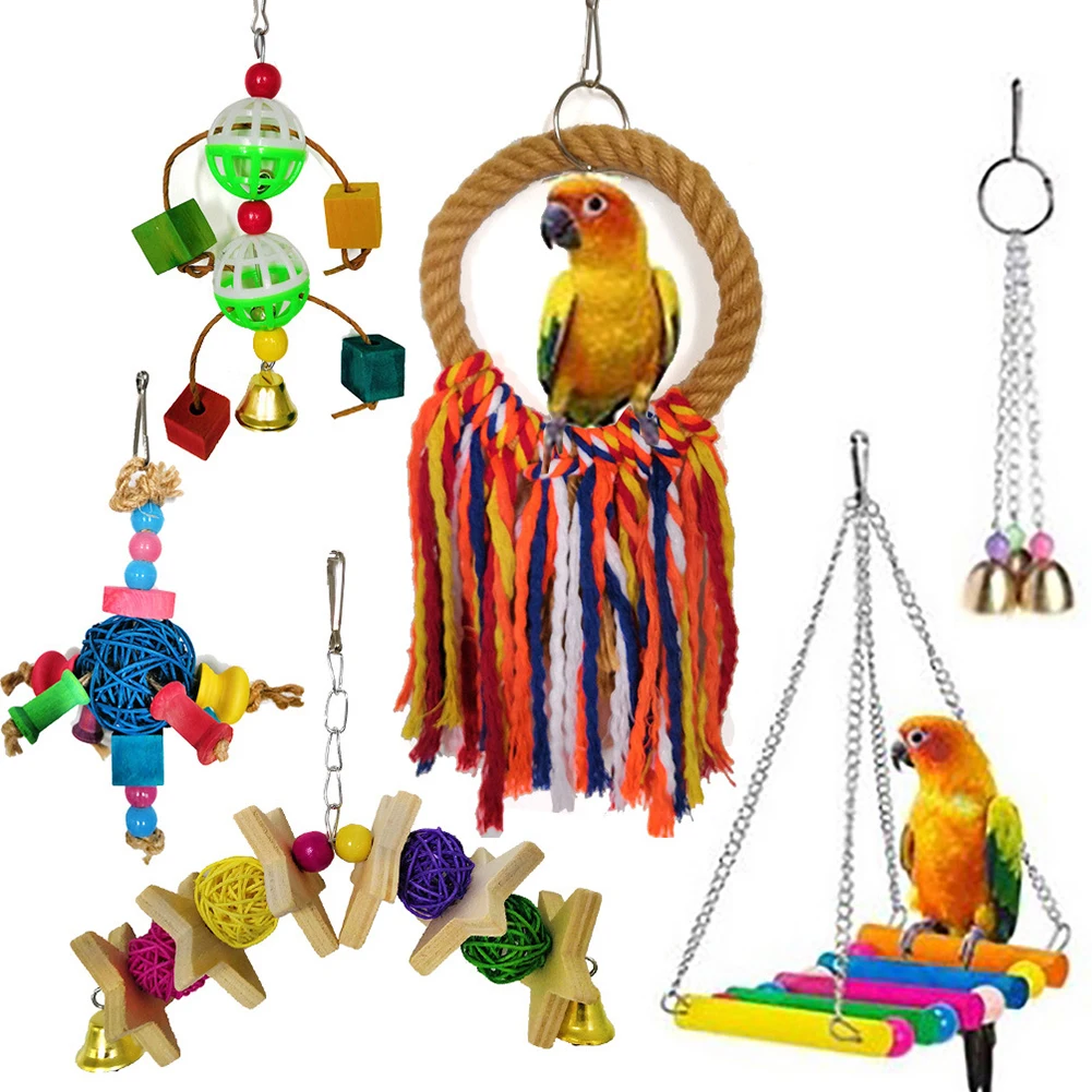 6Pcs Pet Bird Bell Ball Rope Swing Hanging Cage Ladder Play Chew Toys