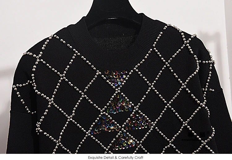 Осенне-зимний вязаный свитер пуловер женский модный комплект с длинными рукавами с жемчугом и стразами+ длинные штаны повседневный комплект из двух предметов