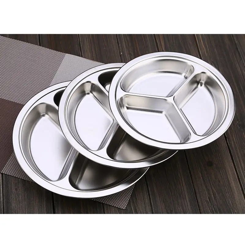 lunch box Stainless Steel 3 Sections Round Divided Dish Dia 22/24/26cm Snack Dinner Plate bento box food container bento