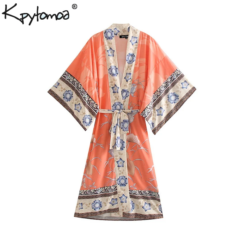 

Boho Chic Summer Vintage Floral Crane Print Kimono Women 2019 Fashion V Neck Bow Tie Sashes Beach Blouses Blusas Mujer