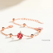 Корейская версия S925 Серебряный браслет женский четырехлистный клевер красный эпоксидный Модный классический стиль Темперамент Мода