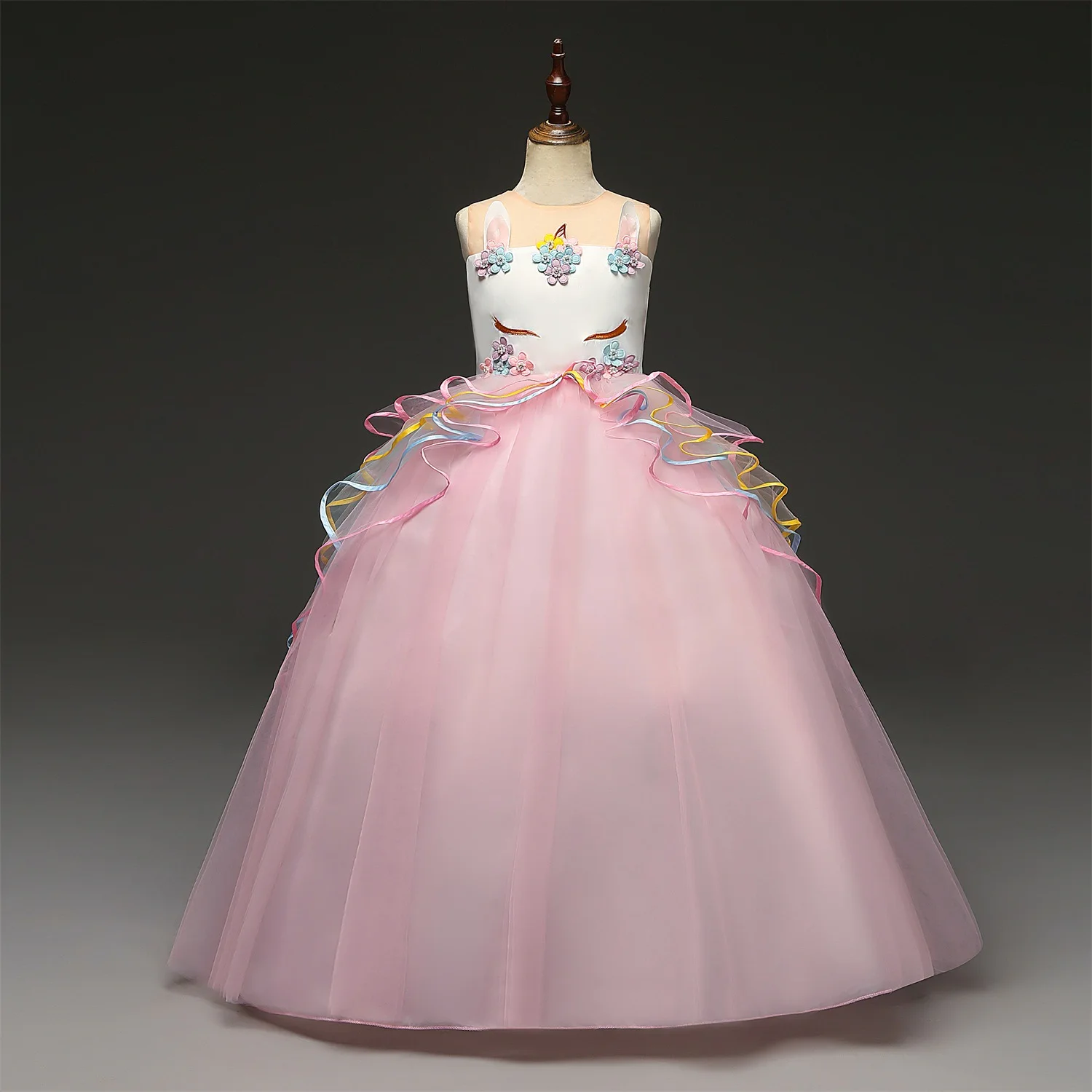 

2019 Big Kids Dresses for Girls Unicorn Princess Dress Children's Long Dress Colorful Mesh Cake Festival Performance Dress