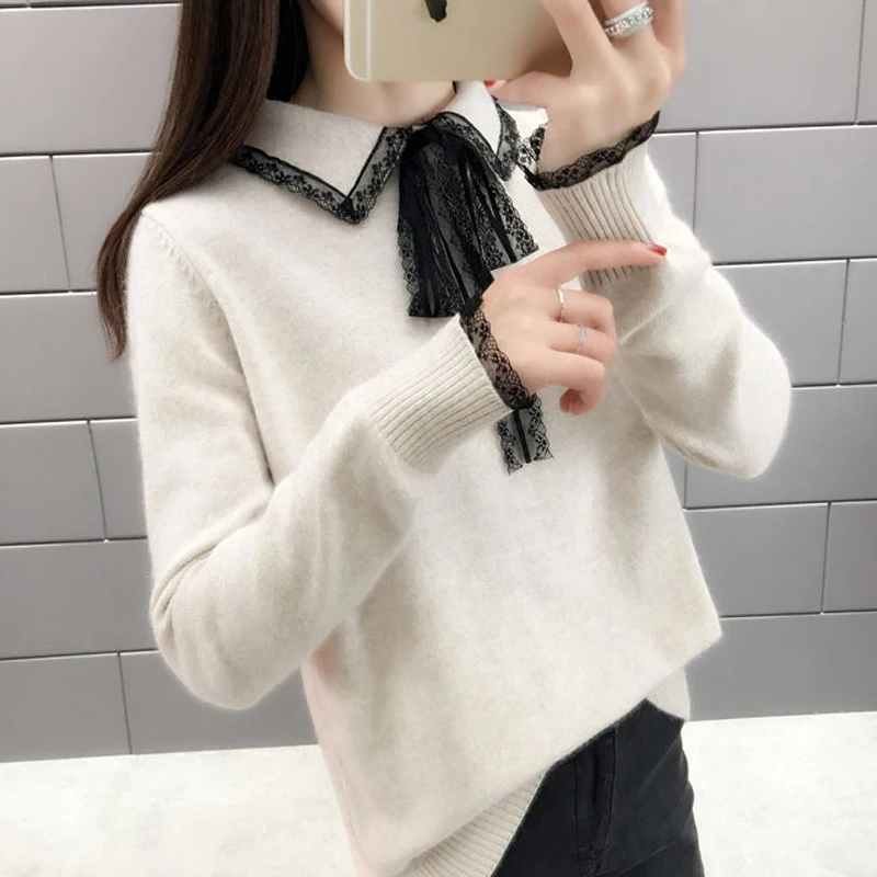 

Lucyever Fashion Knit Sweater Women Long Sleeve Turn-down Collar Sweater Woman 2019 Autumn Casual Solid Color Loose Pull Femme