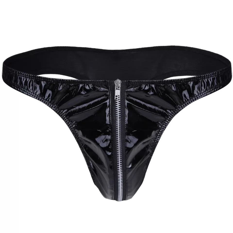 Mens Sexy Zipper Open Crotch PVC Leather Shorts For Sex Latex Fetish Shaping Underpants Porn Bulge Pouch Sexy Bottom Underwear