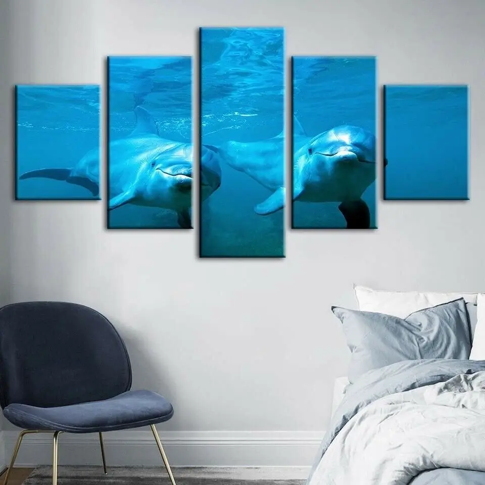 

Sea Dolphin Animals Underwater 5 Panel Canvas Picture Print Wall Art Canvas Painting Wall Decor for Living Room Poster No Framed