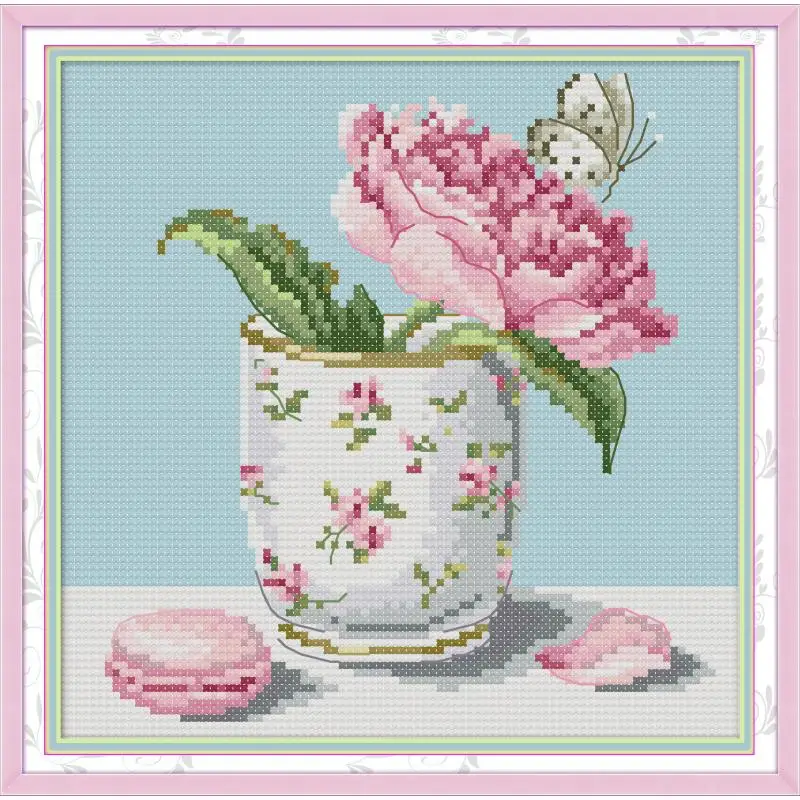 Joy Sunday Новое прибытие Цветок в чашке Печать холст вышивка DIY ручной работы крестом