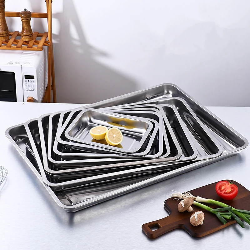 Stainless Steel Storage Metal Tray Rectangle Food Shallow Plates Serving Fruit Steaming Dish Tools Household Kitchen Accessories