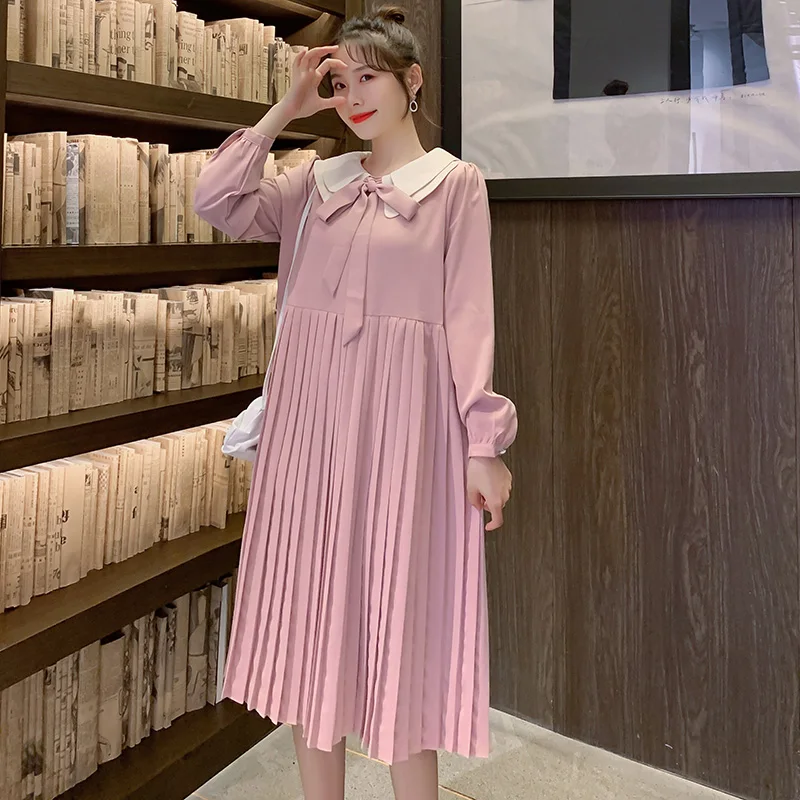 7005# Осенняя корейская мода для беременных Платье милое большого размера свободная одежда в клетку для беременных женщин Элегантная беременность - Цвет: Розовый