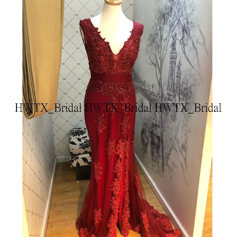 Бургундия HWTX_Bridal бордовое кружевное вечернее платье с v-образным вырезом, сексуальные длинные тюлевые платья для выпускного вечера, Vestidos de fiesta de noche - Цвет: Бургундия