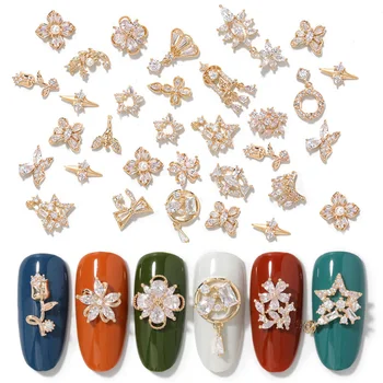 

2 Pcs / Pack Bling Nail Jewelry Gold Metal Flowers Nail Rhinestones Stones Mixed Size 3D Nail Art Decorations DIY Accessories