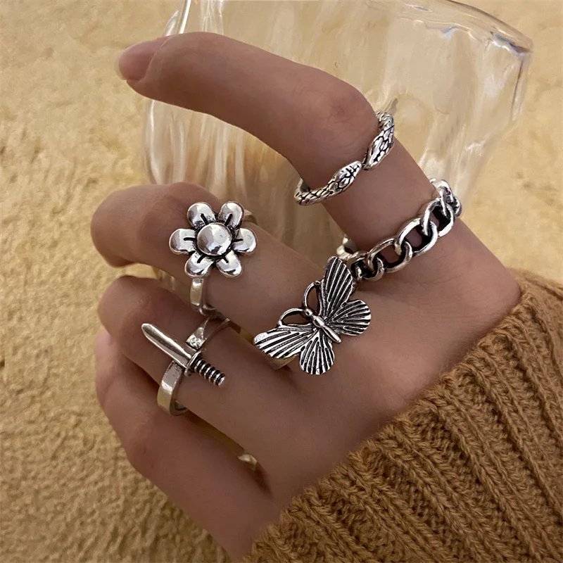 Punk Butterfly Finger Ring Set for Women Flower Fairy Gothic Silver Color 6PCS Dice Angel Wings Cupid Charms Rings Jewelry