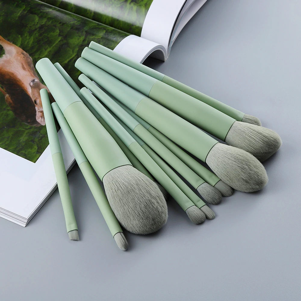 FLD 11/8pcs Natural Hair Green Makeup Brushes Foundation Powder Eyeshadow Eyebrow Brush Set Cosmetic Tool Profesional Maquillaje