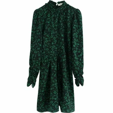 2020 nuevas mujeres Vintage verde flor estampado Casual plisado Mini vestido de las señoras Puff manga Vestidos volantes elegante Vestidos de fiesta