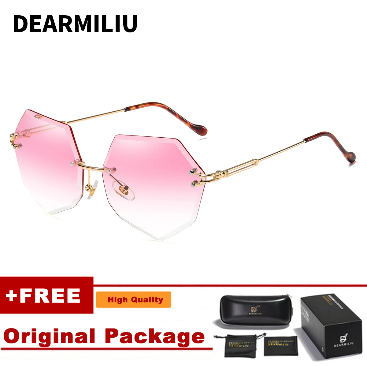 DEARMILIU Brand Designer Round Sunglasses Women Oversized Polygon Gradient Brown Pink Rimless sun glasses For female UV400 - Цвет линз: Light Pink 8