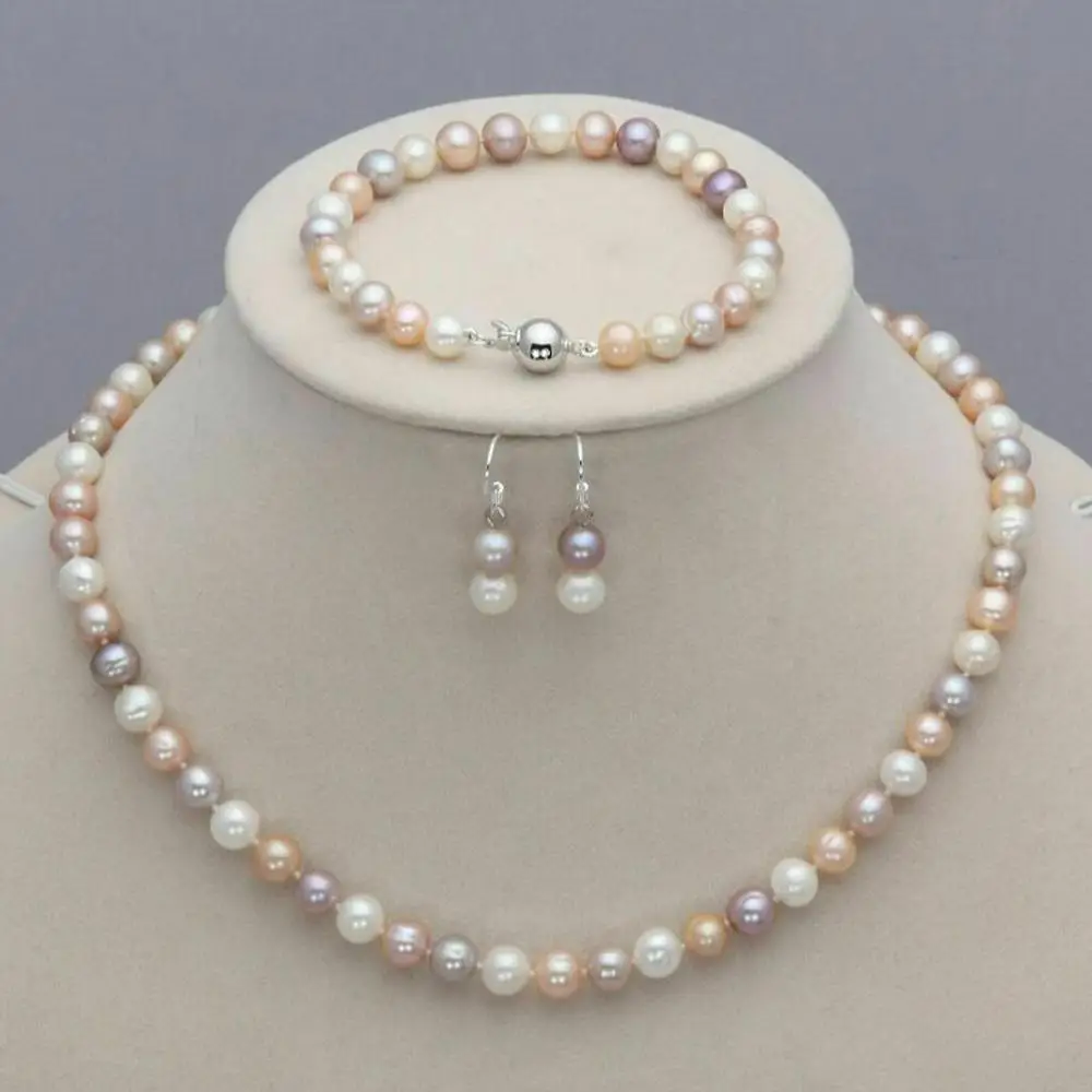 Genuine 7-8mm White Pink Purple Freshwater Pearl Necklace Bracelet Earrings Set 