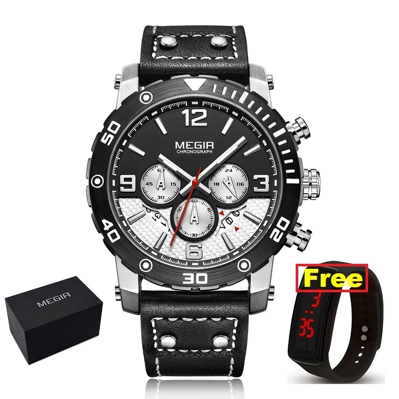 MEGIR креативные спортивные мужские часы с хронографом и кожаным ремешком, армейские военные наручные часы, мужские кварцевые часы - Цвет: BLACK-BOX  GIFT