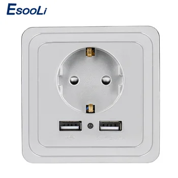 

EsooLi 2000mA Double USB Gray Decorative Wall Socket 5V Home Accessories EU Plug Socket Power Outlet PC Panel Grounded