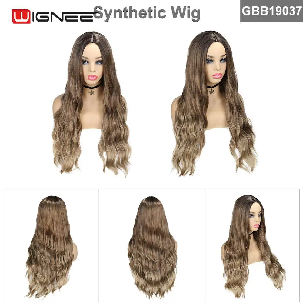 Wignee Ombre коричневые синтетические парики высокой плотности для женщин длинные волнистые натуральные волосы для Африки американцы кудрявые волокна средний размер