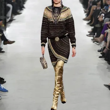 

Runway Women's Knitted Sweater Sets 2019 Autumn Striped Loose Pullover Sweater + High Waist Mini Knitted skirt Women 2 piece Set