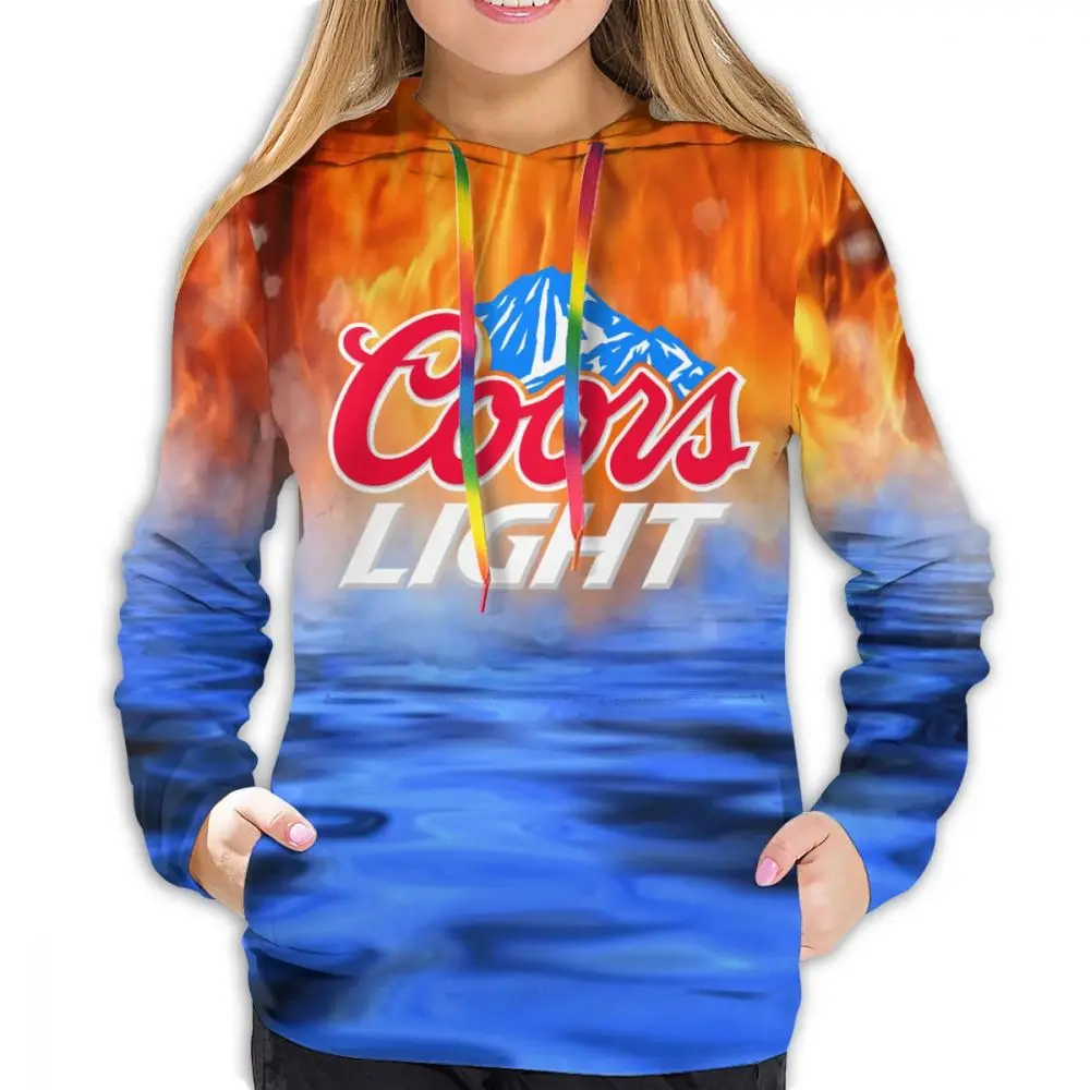 

Coors Light Blue Beer Tie-Dye Printed Hooded Long Sleeve with Pockets Womens Fuzzy Fleece Pullover Hoodies